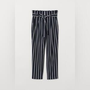 H&M Navy and White Striped Front Bow Paper Bag Trousers Straight Leg High Waist